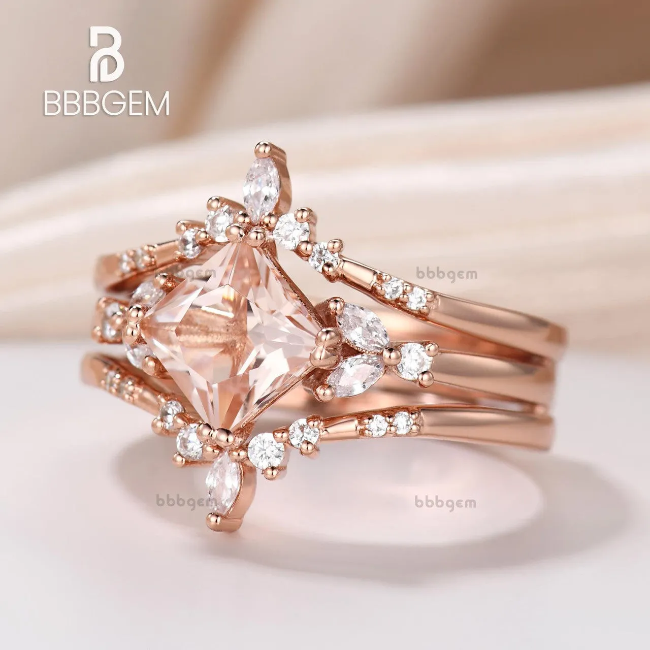 Princess Cut Morganite Enhancer Ring Set Peach Morganite Bridal Set W/ Diamond Double Curved Enhancer Band