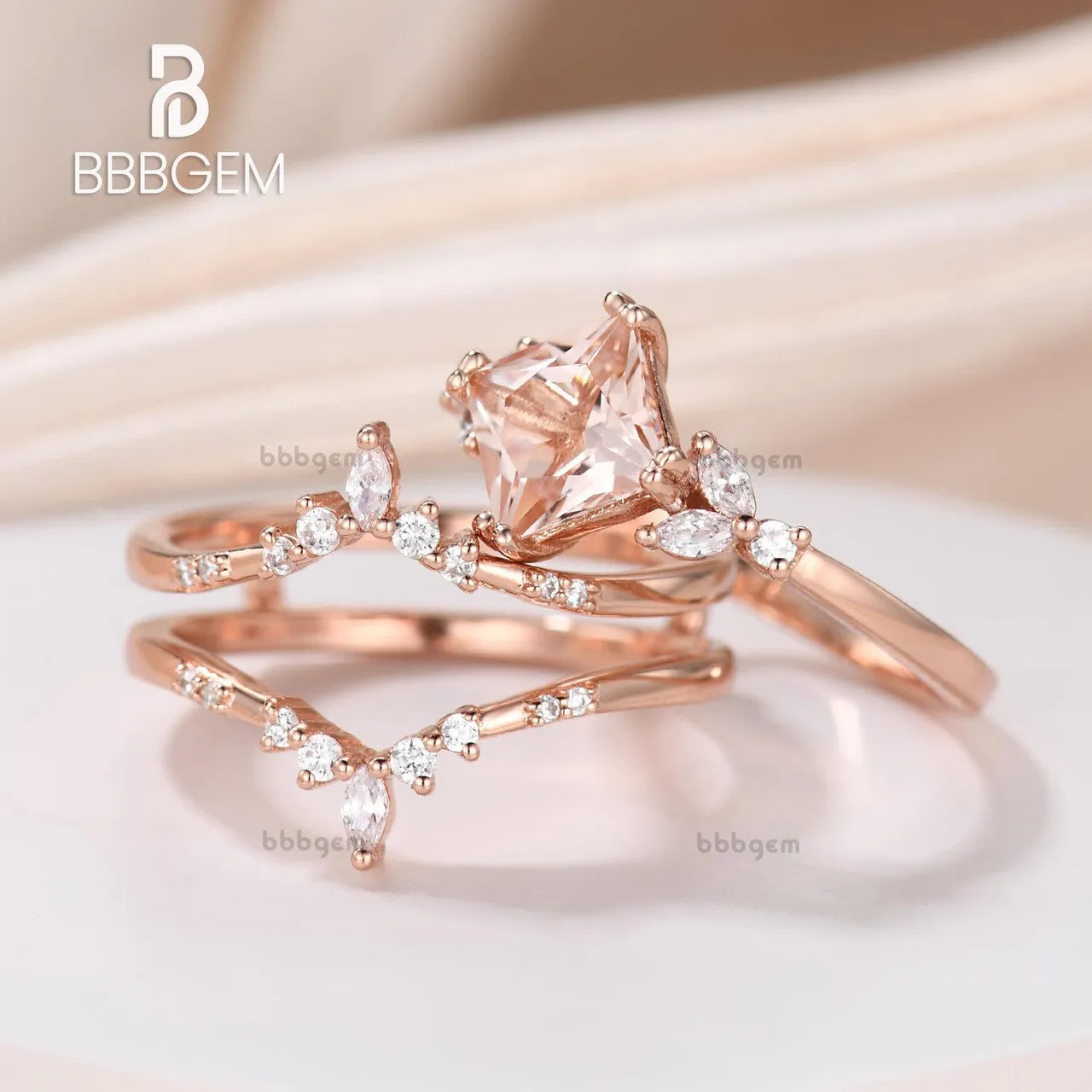 Princess Cut Morganite Enhancer Ring Set Peach Morganite Bridal Set W/ Diamond Double Curved Enhancer Band
