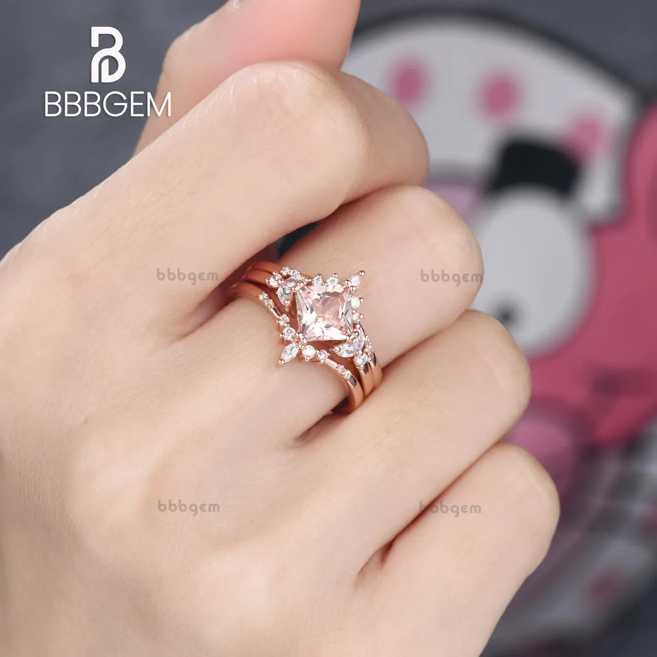 Princess Cut Morganite Enhancer Ring Set Peach Morganite Bridal Set W/ Diamond Double Curved Enhancer Band
