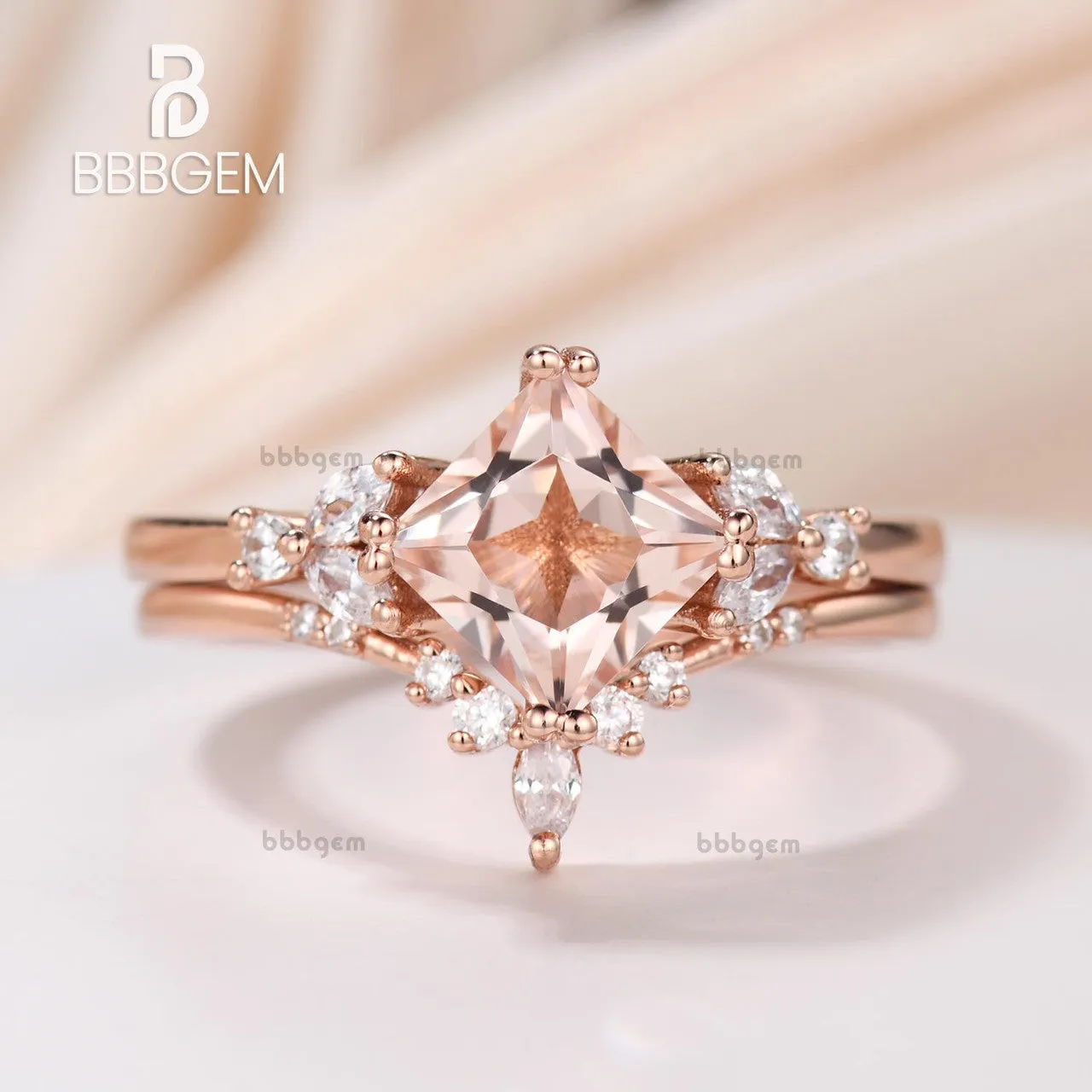 Princess Cut Morganite Enhancer Ring Set Peach Morganite Bridal Set W/ Diamond Double Curved Enhancer Band