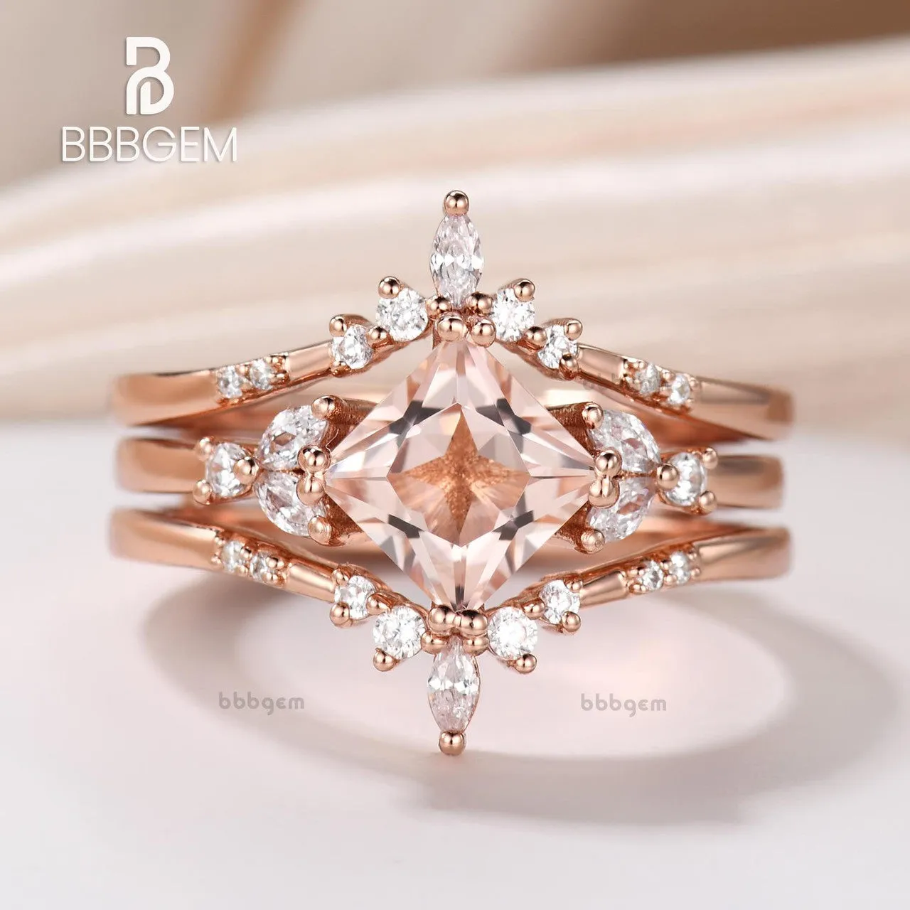 Princess Cut Morganite Enhancer Ring Set Peach Morganite Bridal Set W/ Diamond Double Curved Enhancer Band