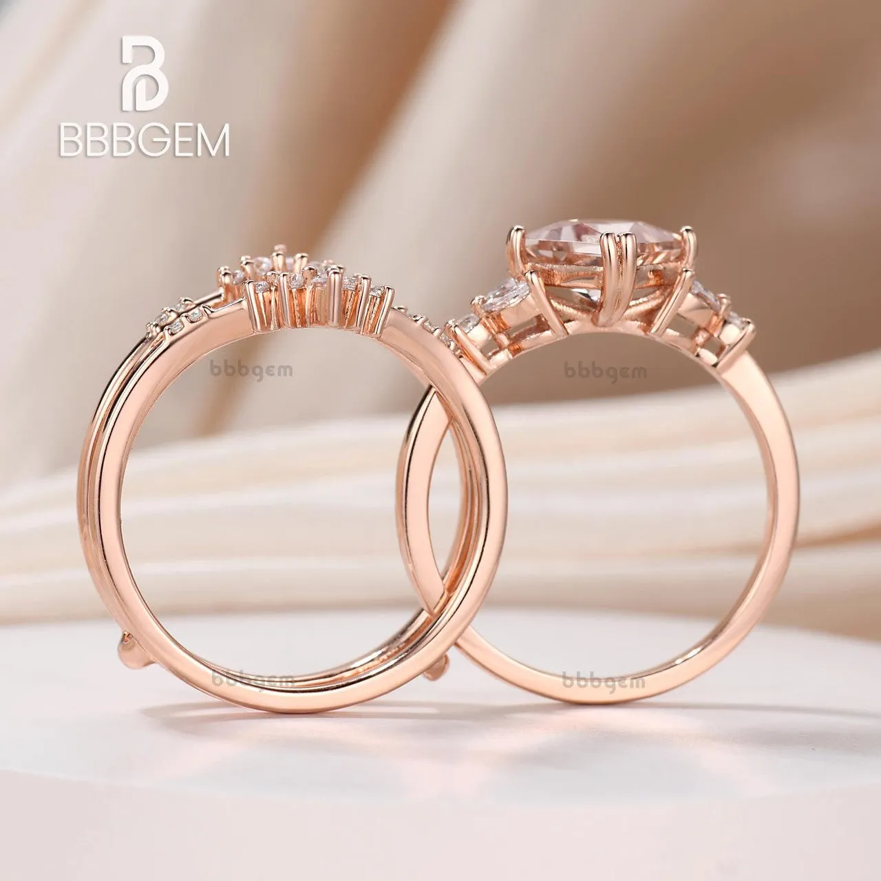 Princess Cut Morganite Enhancer Ring Set Peach Morganite Bridal Set W/ Diamond Double Curved Enhancer Band