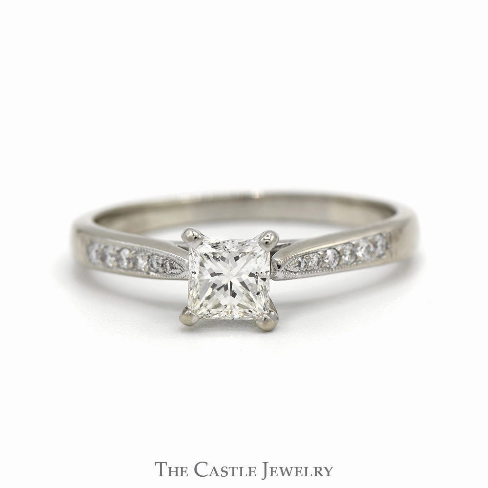 Spring Collection Engagement Gift Princess Cut Diamond Engagement Ring with Diamond Accented Sides in 10k White Gold