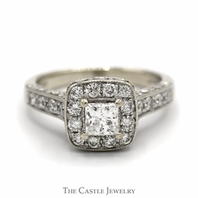 Princess Cut Diamond Engagement Ring with Diamond Halo and Accents in 14k White Gold Unique product