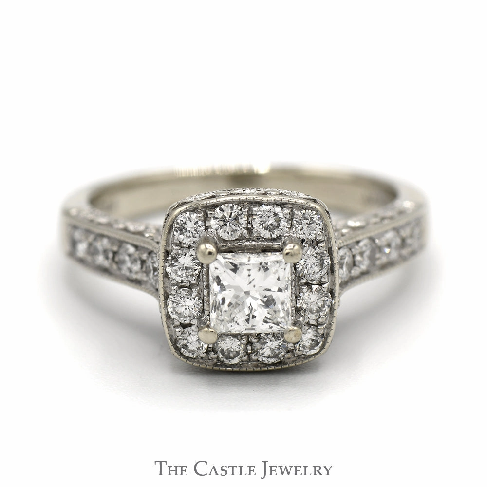 Custom product Modern Flow Princess Cut Diamond Engagement Ring with Diamond Halo and Accents in 14k White Gold