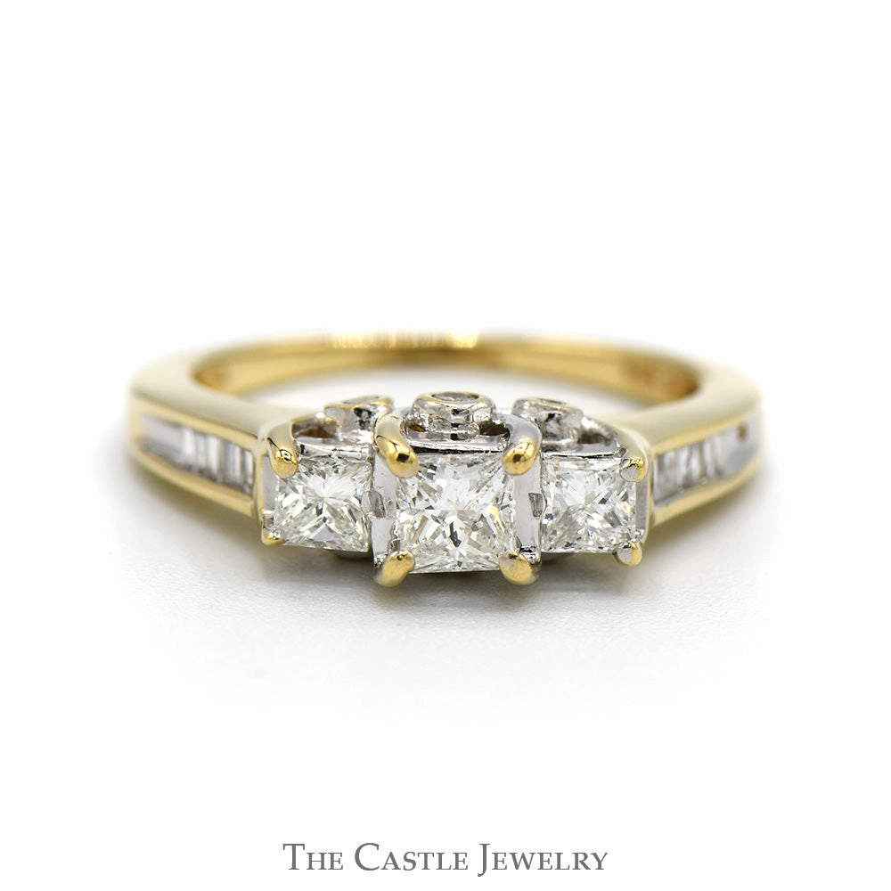 Princess Cut Diamond Three Stone Engagement Ring with Baguette Cut Diamond Accents in 14k Yellow Gold Elegant Article