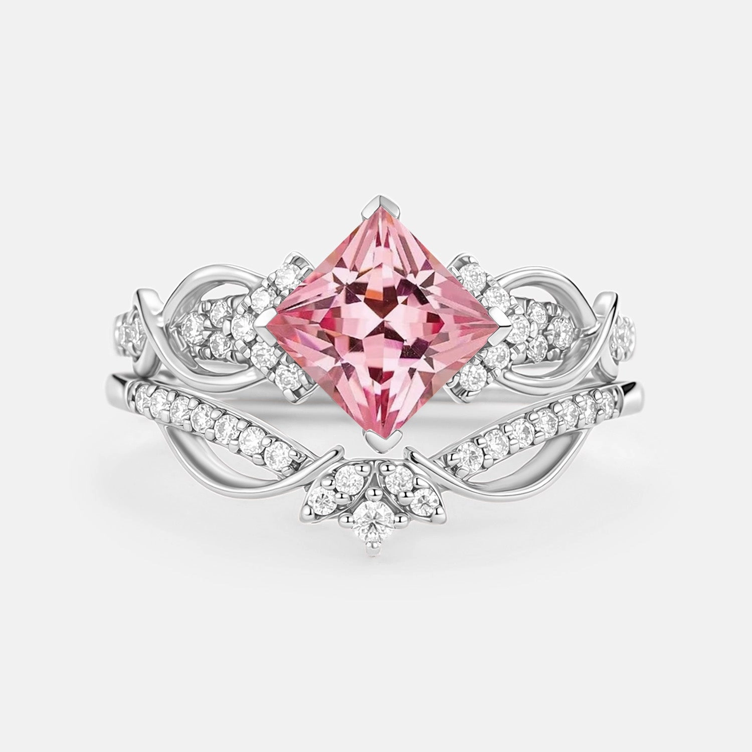 Princess Cut Lab Pink Sapphire Twist Engagement Ring Set 2pcs - Zennia Perfect Gift