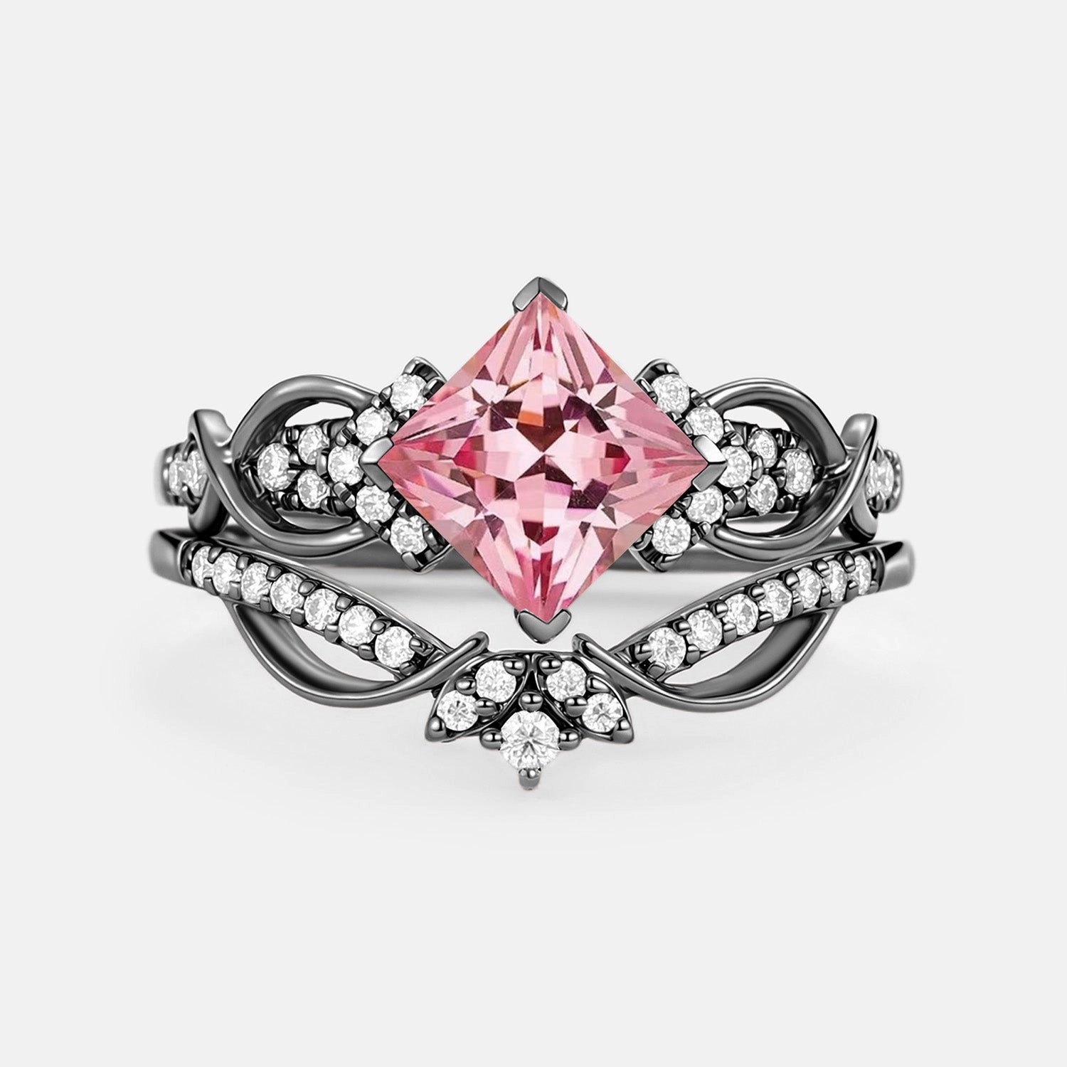 Princess Cut Lab Pink Sapphire Twist Engagement Ring Set 2pcs - Zennia Glow Piece