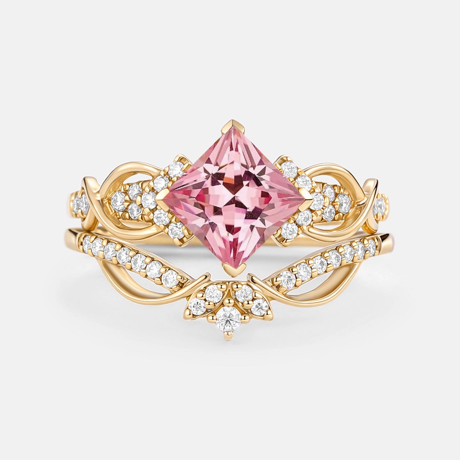 Princess Cut Lab Pink Sapphire Twist Engagement Ring Set 2pcs - Zennia Polished Piece