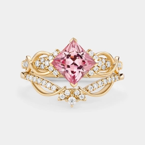Princess Cut Lab Pink Sapphire Twist Engagement Ring Set 2pcs - Zennia Polished Piece