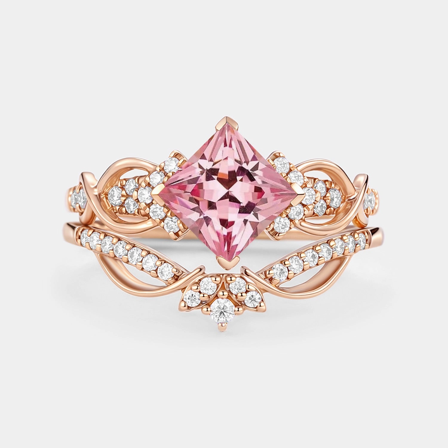 Lustrous Craft Princess Cut Lab Pink Sapphire Twist Engagement Ring Set 2pcs - Zennia