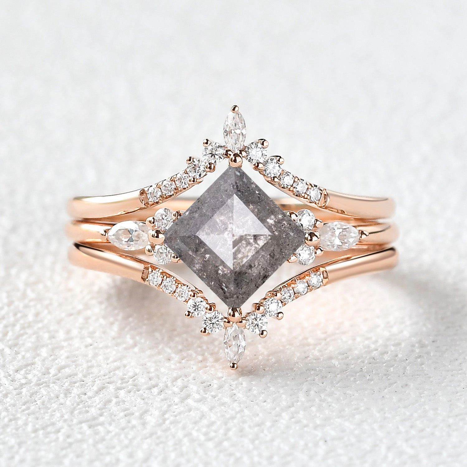 Timeless Spark Princess Cut Salt and Pepper Diamond Cluster Engagement Ring Set 3pcs