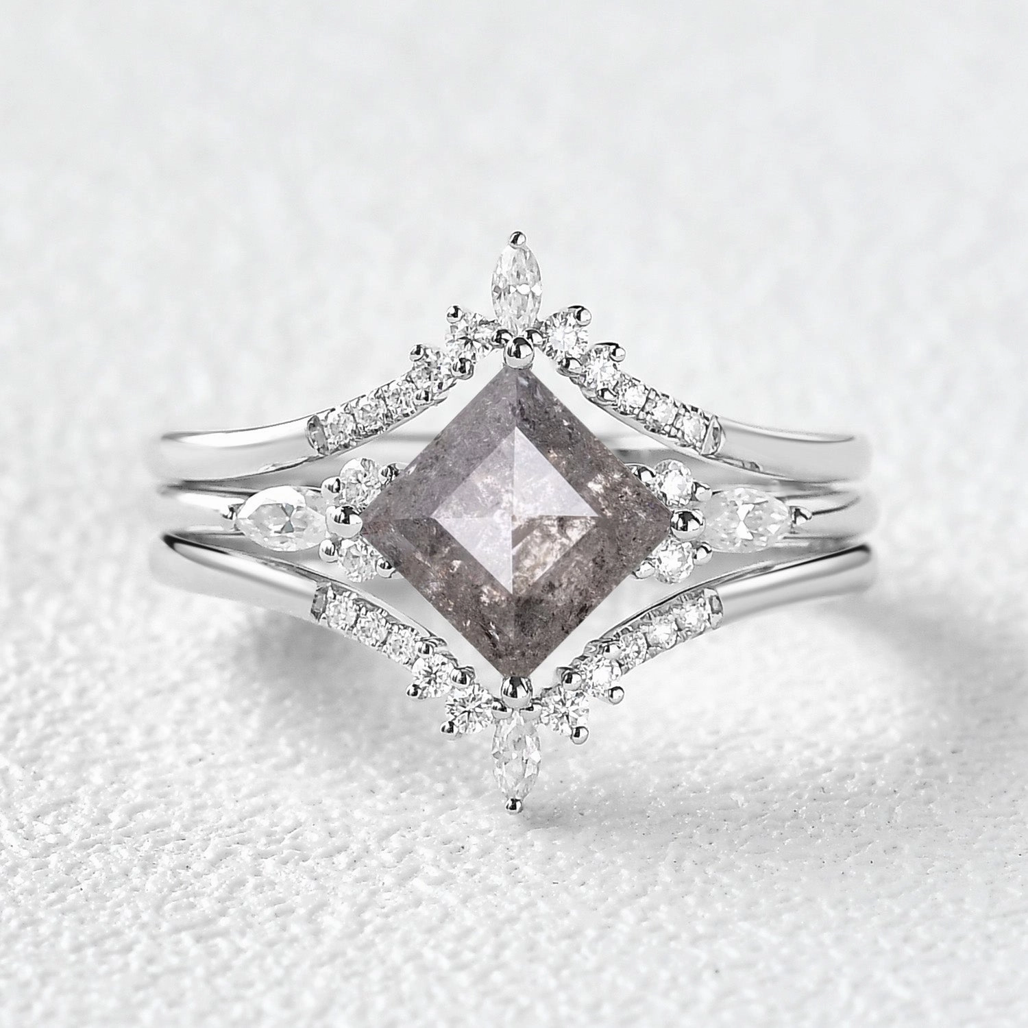 Princess Cut Salt and Pepper Diamond Cluster Engagement Ring Set 3pcs Minimal Chic Radiant Surface