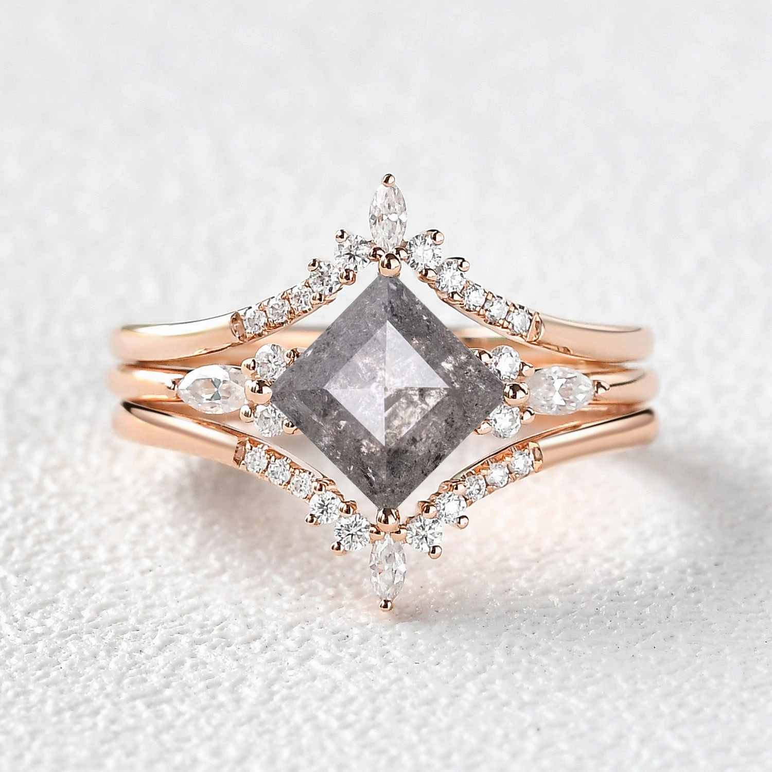 Refined Feature Princess Cut Salt and Pepper Diamond Cluster Engagement Ring Set 3pcs