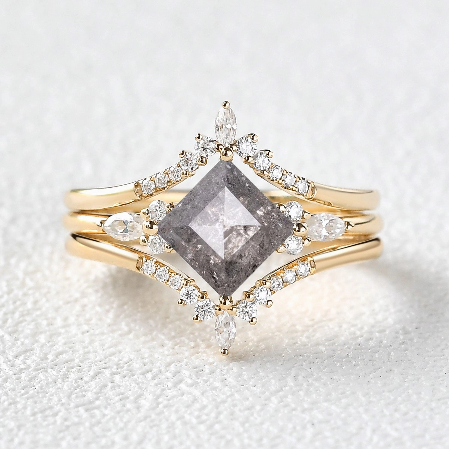 Princess Cut Salt and Pepper Diamond Cluster Engagement Ring Set 3pcs Radiant Gem