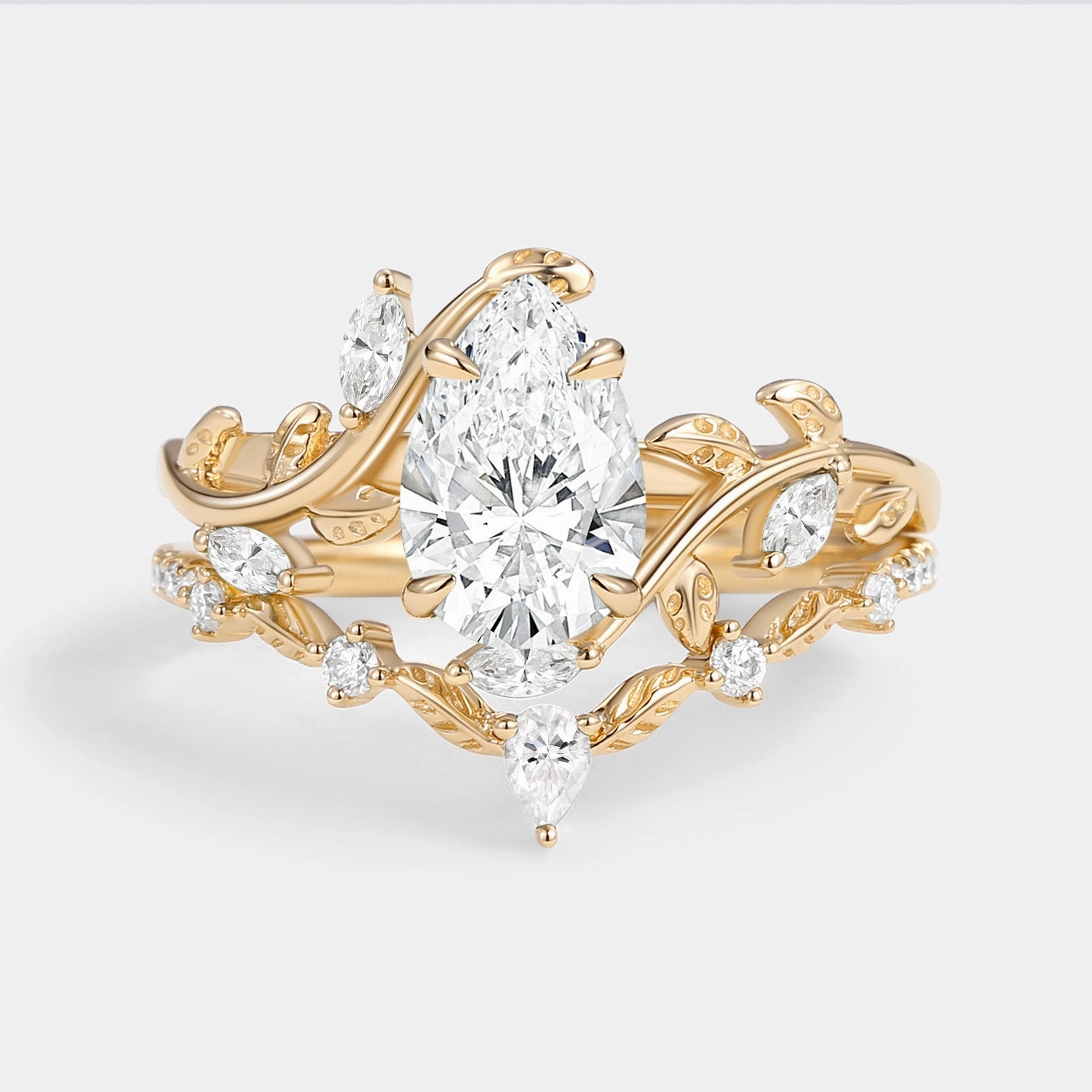 Pear Cut Lab Grown Diamond Leafy Ring Set 2pcs - Daphne Layered Detail