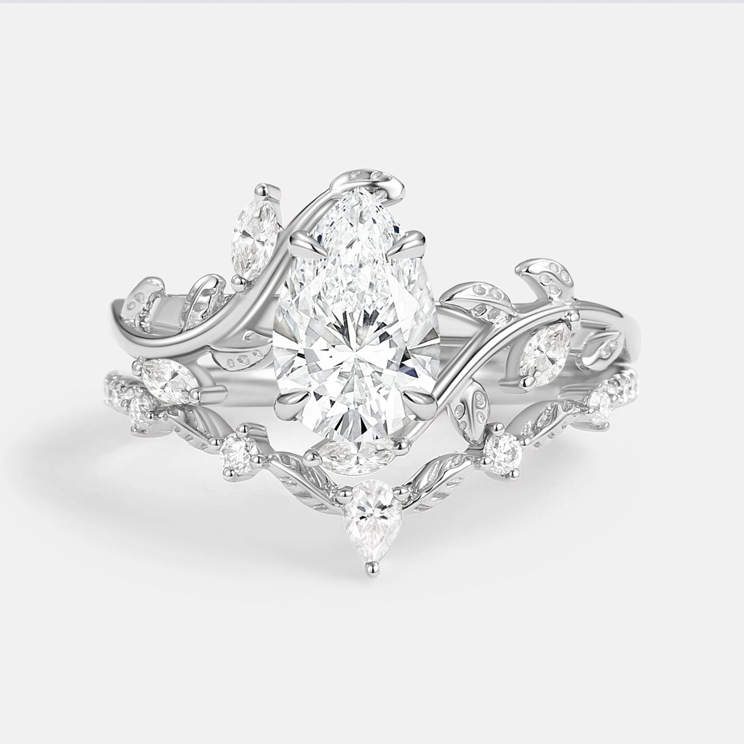 Pear Cut Lab Grown Diamond Leafy Ring Set 2pcs - Daphne Flat Lay True Accent