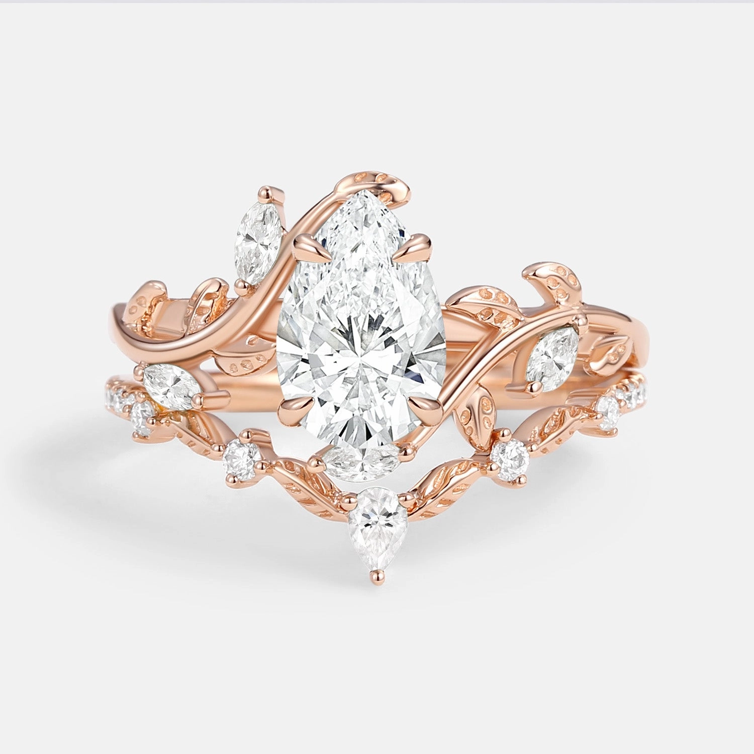 Pear Cut Lab Grown Diamond Leafy Ring Set 2pcs - Daphne Lively Detail Spark Moment