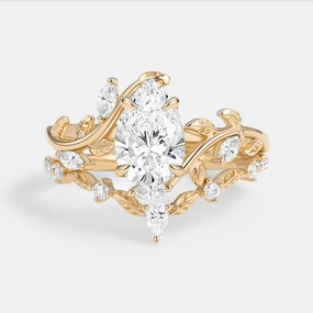 Pear Cut Lab Grown Diamond Leafy Ring Set 2pcs - Daphne Layered Detail