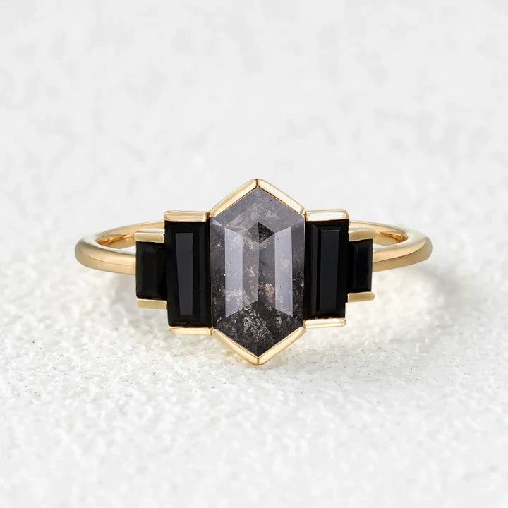 Hexagon Salt and Pepper Diamonds & Black Moissanite Stacking Engagement Ring Cool Accent Bold Details