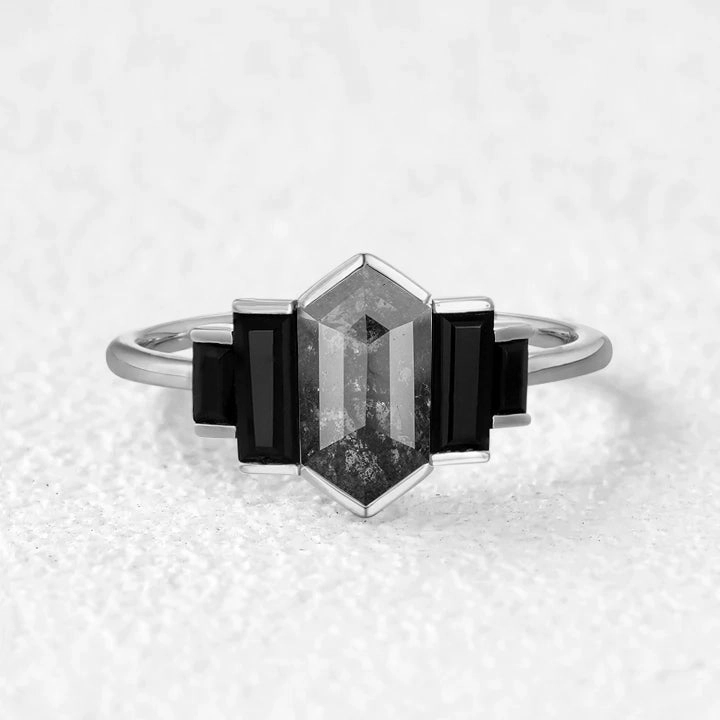 Gleaming Form Sleek Feature Hexagon Salt and Pepper Diamonds & Black Moissanite Stacking Engagement Ring