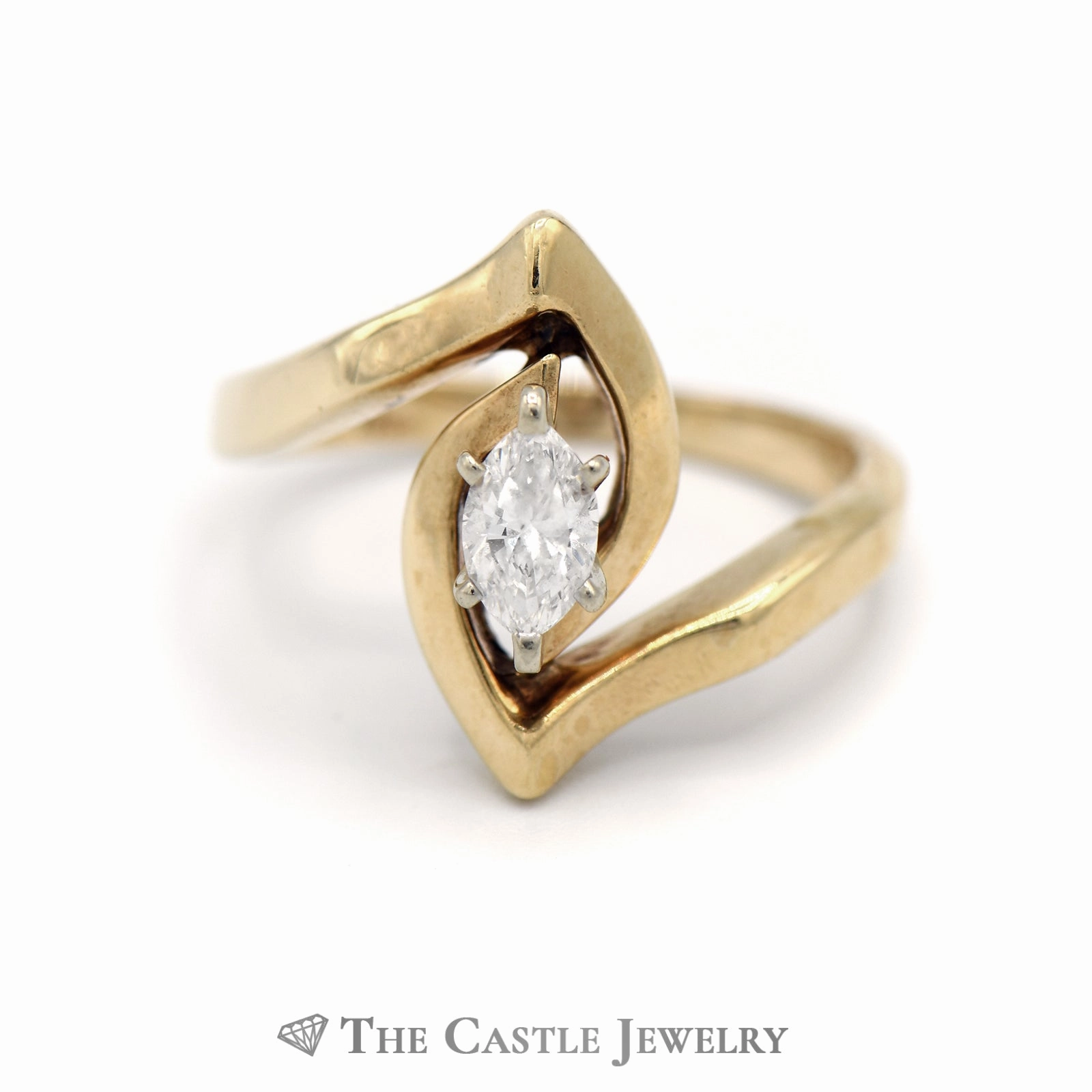 Comfy Style Premium Set Marquise Cut Diamond Solitaire in 14k Yellow Gold Swirled "V" Mount