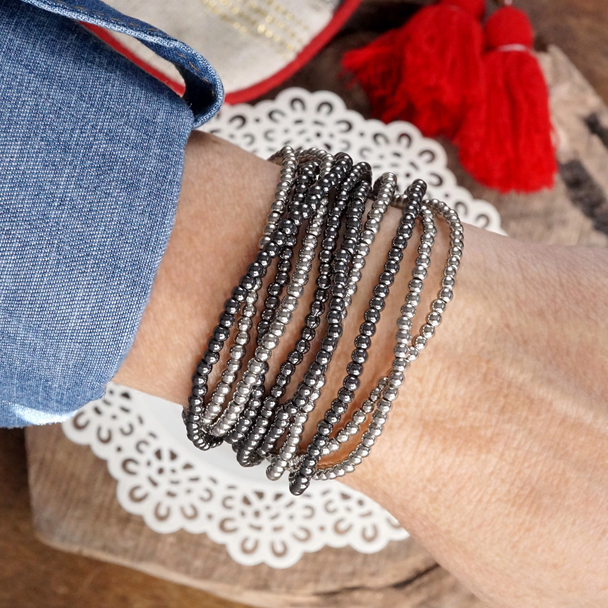 Compliment Magnet Instant Vision Tiny Ball Beads Layering Bracelet Stack of 10 bracelets Gold Silver Gunmetal