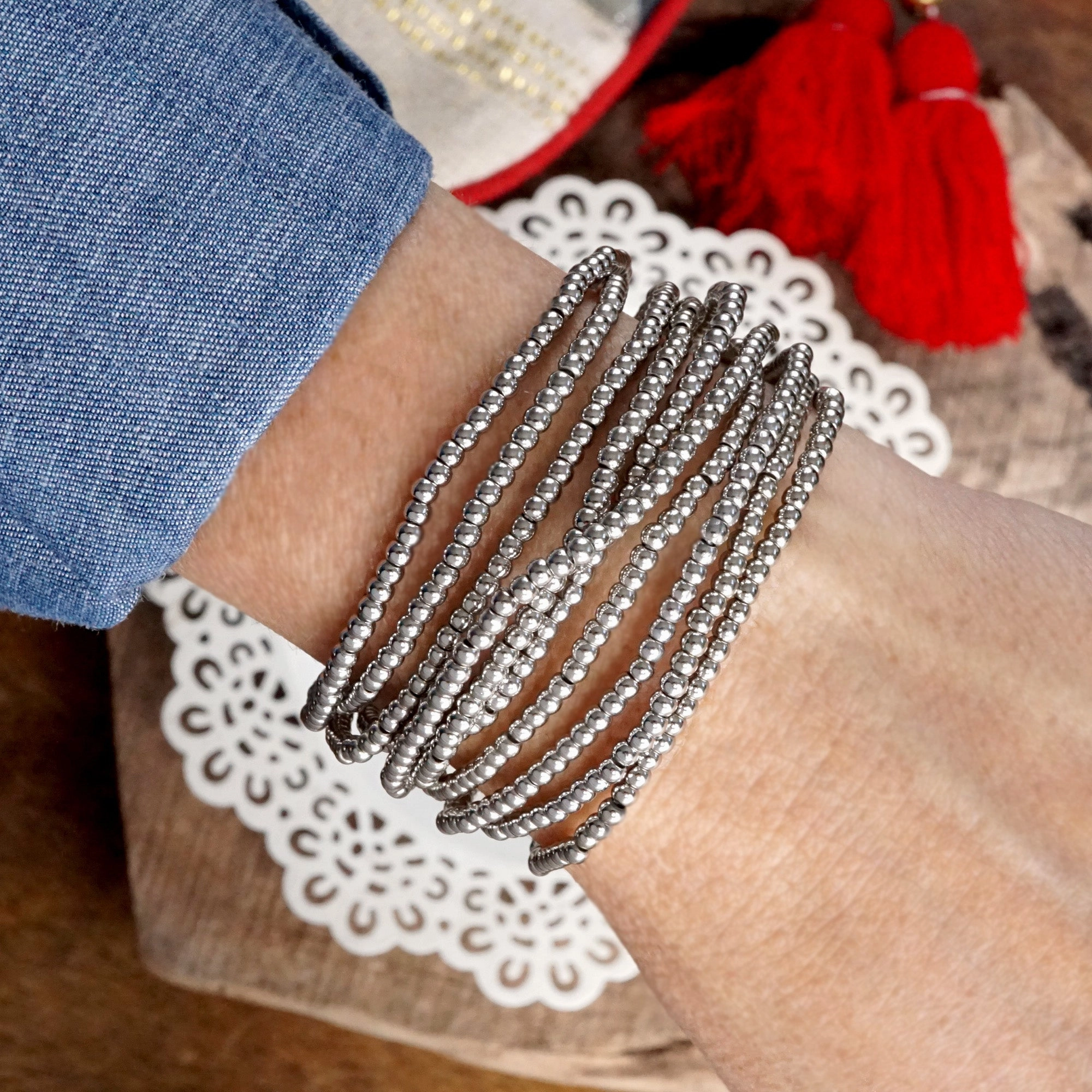 Tiny Ball Beads Layering Bracelet Stack of 10 bracelets Gold Silver Gunmetal Holy Composites