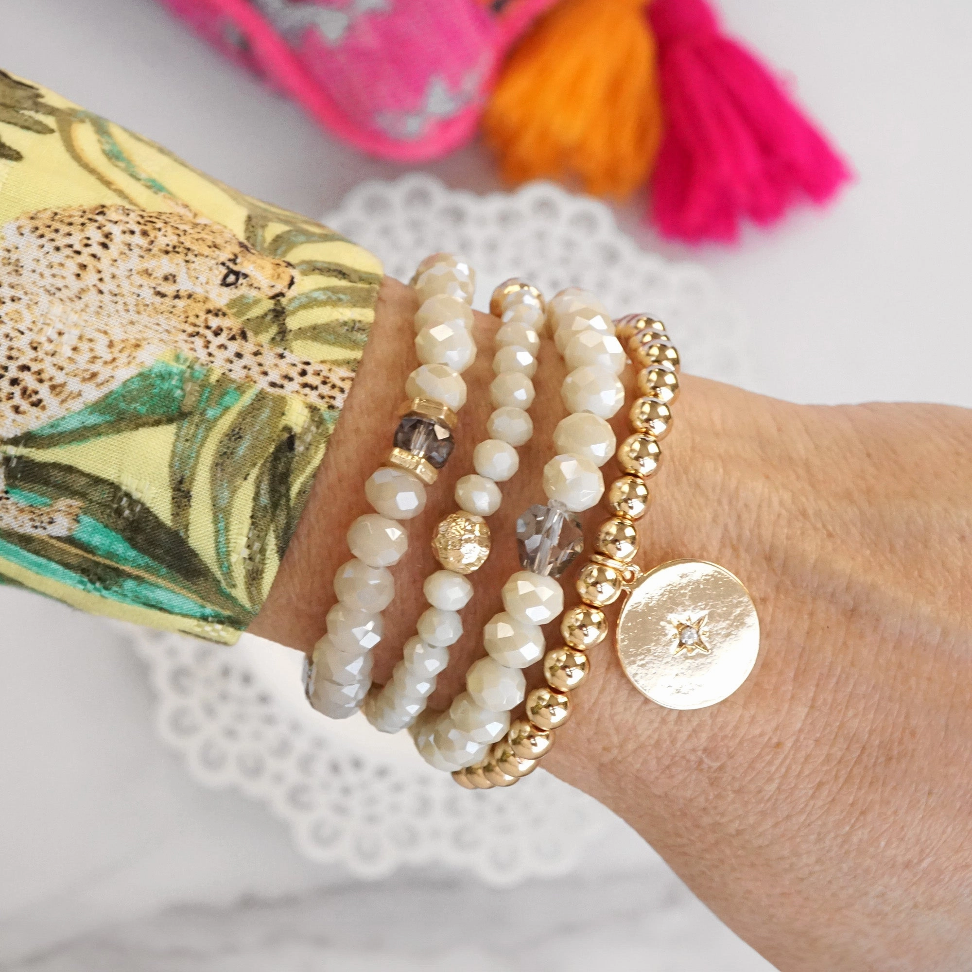 Beaded Bracelets set Gold Coin Sparkly Ivory Off White Glass Metal beads Authentic Style