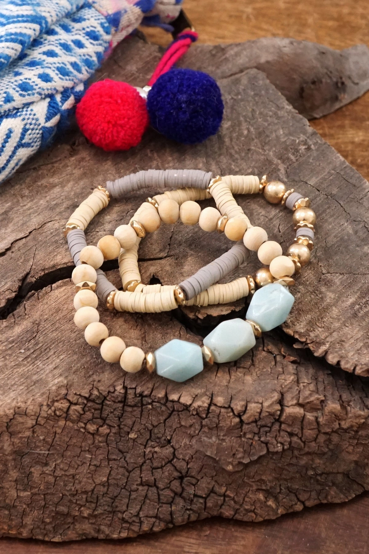 Bracelet Stack of 3 pieces Gold Neutral clay and wood beads and Green Amazonite chunky beads Sunny Mixes