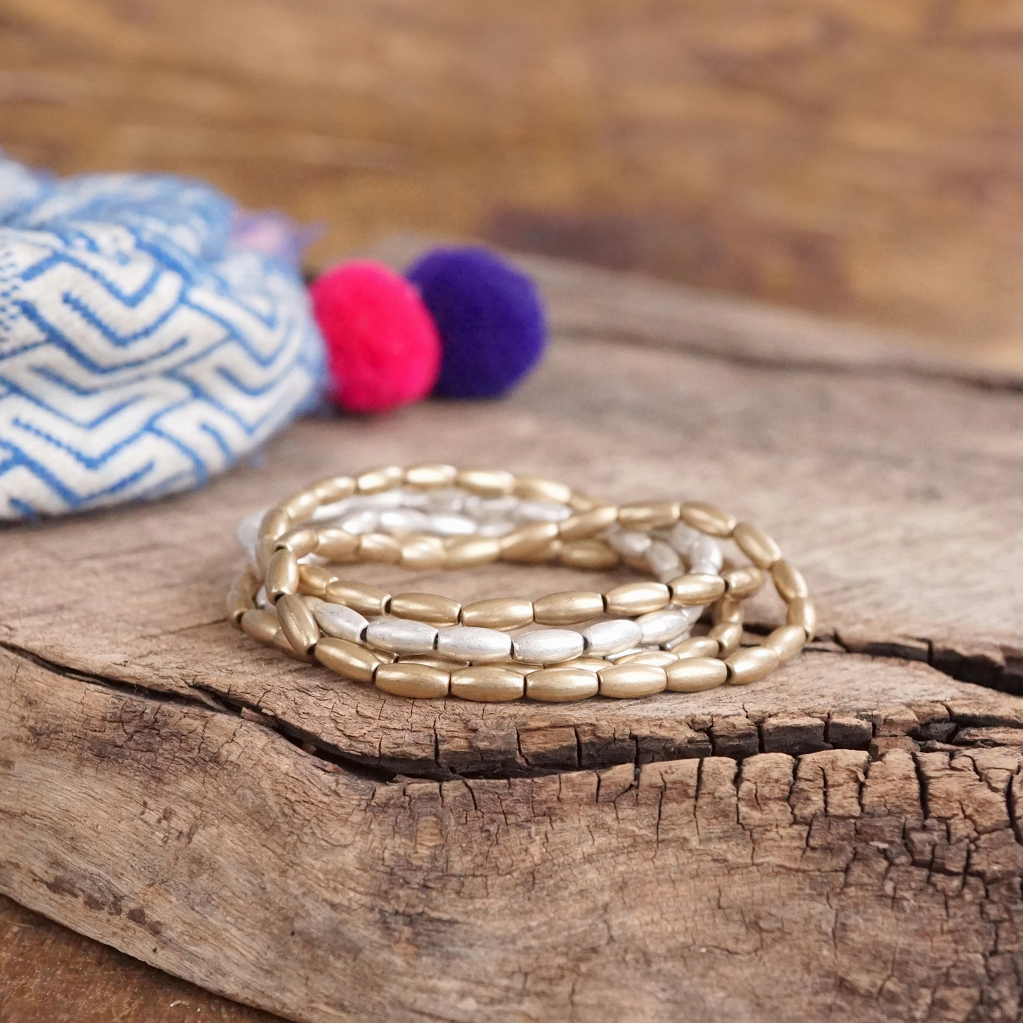 Metal Beaded bracelet stack 5 bracelets - Gold Silver tone Wide Amalgamations