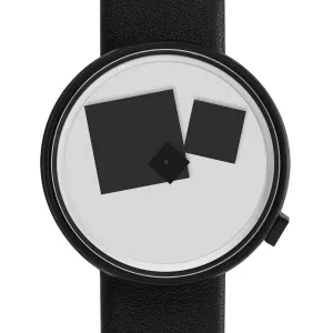 Projects Unisex Bauhaus Century Black Leather Band White Analog Dial Quartz Watch - 7289B-BL