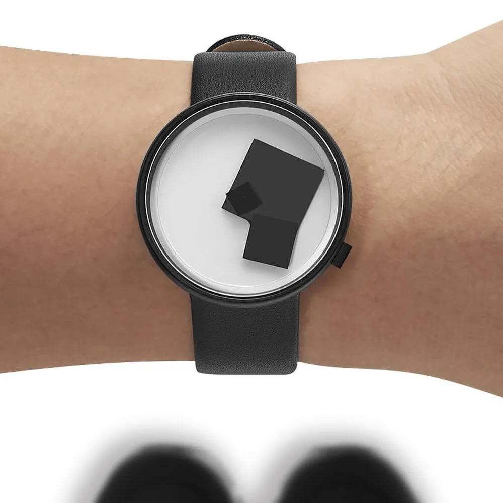 Projects Unisex Bauhaus Century Black Leather Band White Analog Dial Quartz Watch - 7289B-BL