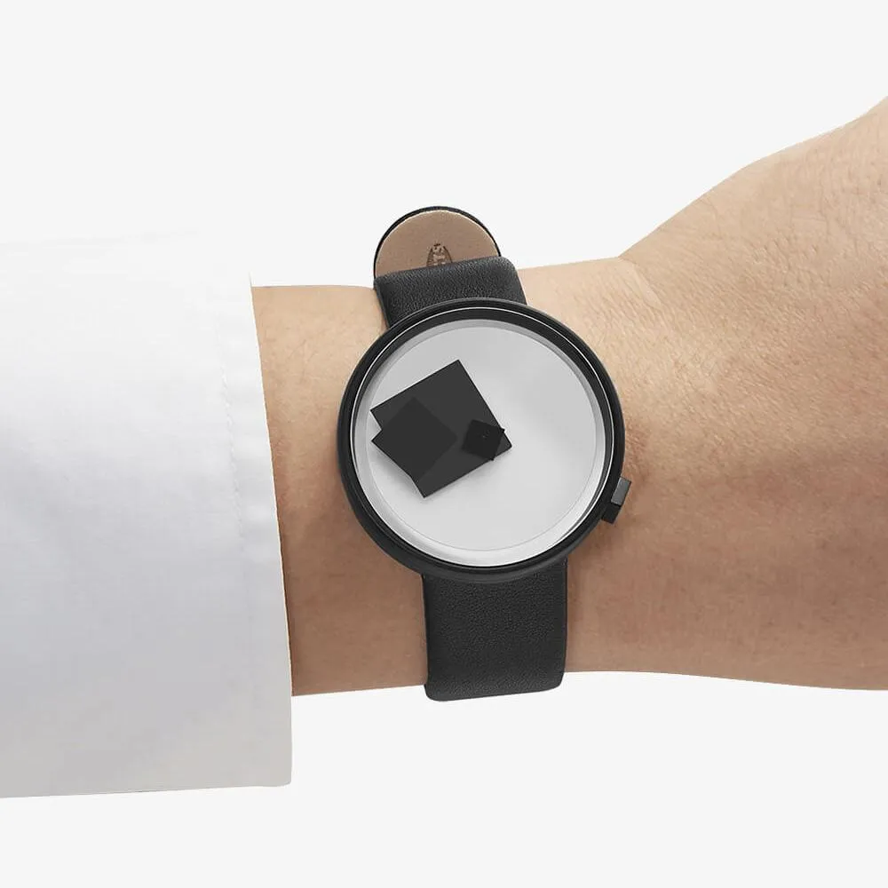Projects Unisex Bauhaus Century Black Leather Band White Analog Dial Quartz Watch - 7289B-BL