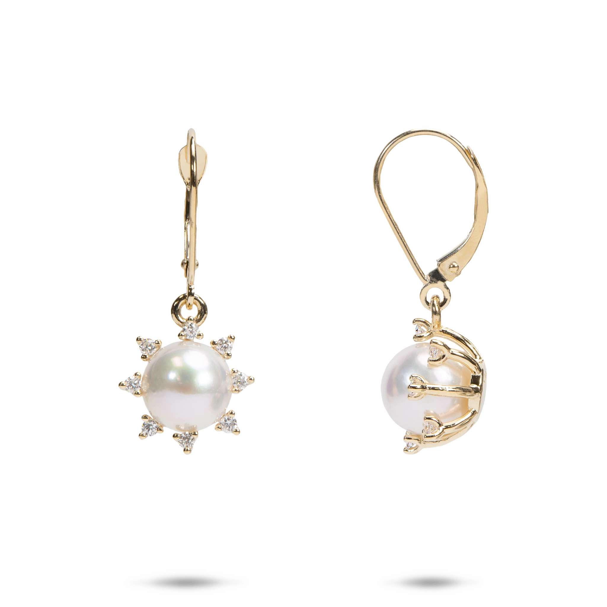 Protea Akoya White Pearl Earrings in Gold with Diamonds - 8mm Shiny Accent Custom Finish