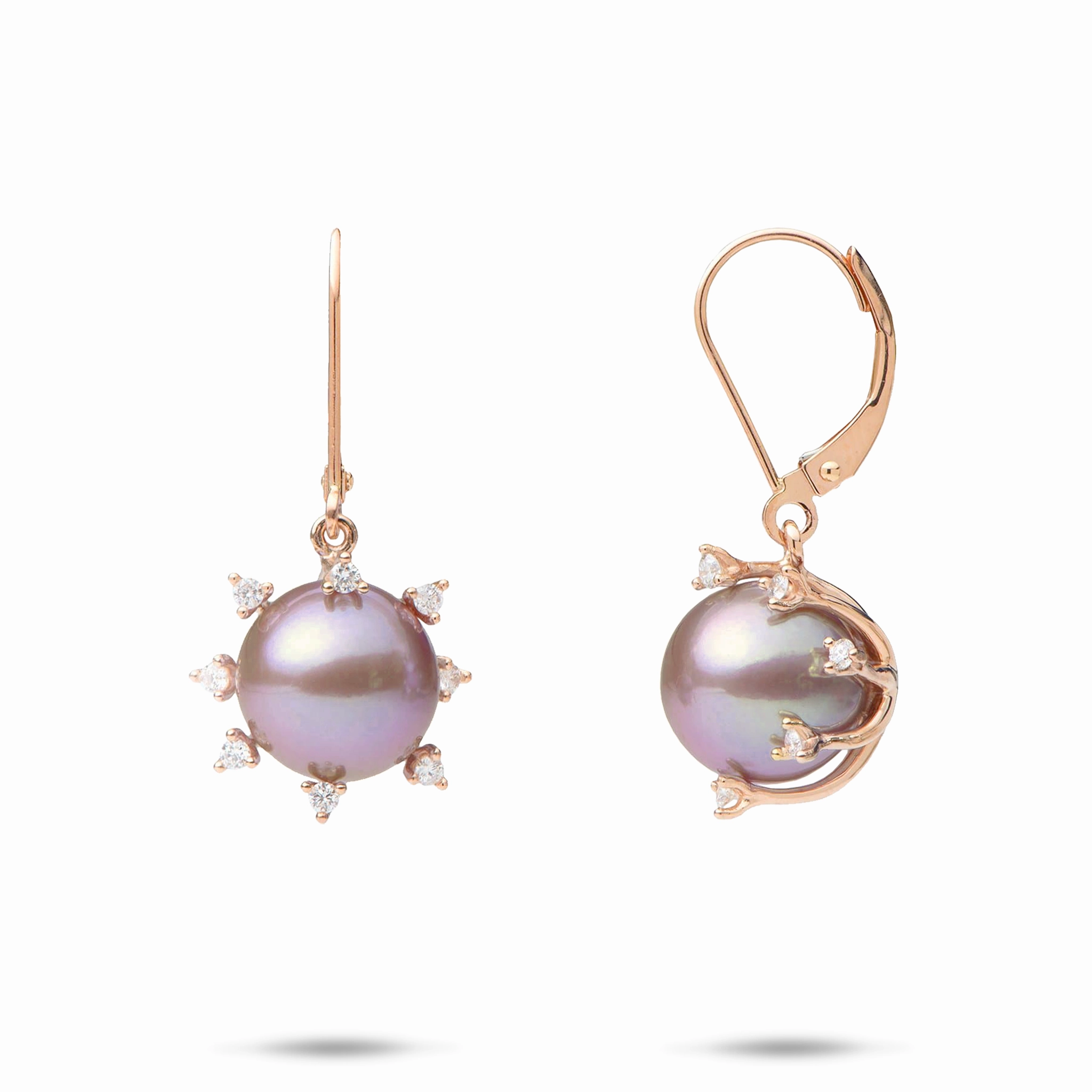 Protea Ultraviolet Freshwater Pearl Earrings in Rose Gold with Diamonds - 10-11mm Artisan Flair shiny accents