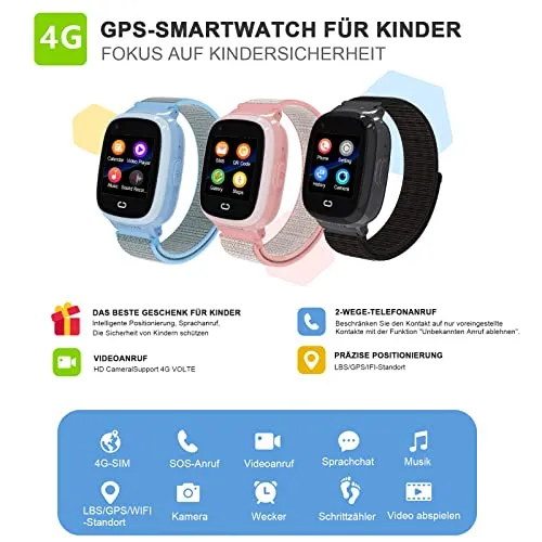 PTHTECHUS® Kinder Smartwatch Telefon mit GPS 4G, Videoanruf Sprachchat Kinder Anrufen Uhr mit GPS Tracker SOS Kamera APP-Verwaltung Armband Kompatibel Android und IOS für Jungen Mädchen Geschenk