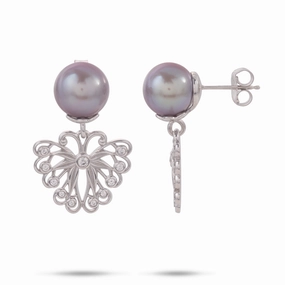 Pulelehua (Butterfly) Freshwater Pearl Earrings in Sterling Silver with Cubic Zirconia - 9-10mm Distinctive Craft Color Accent