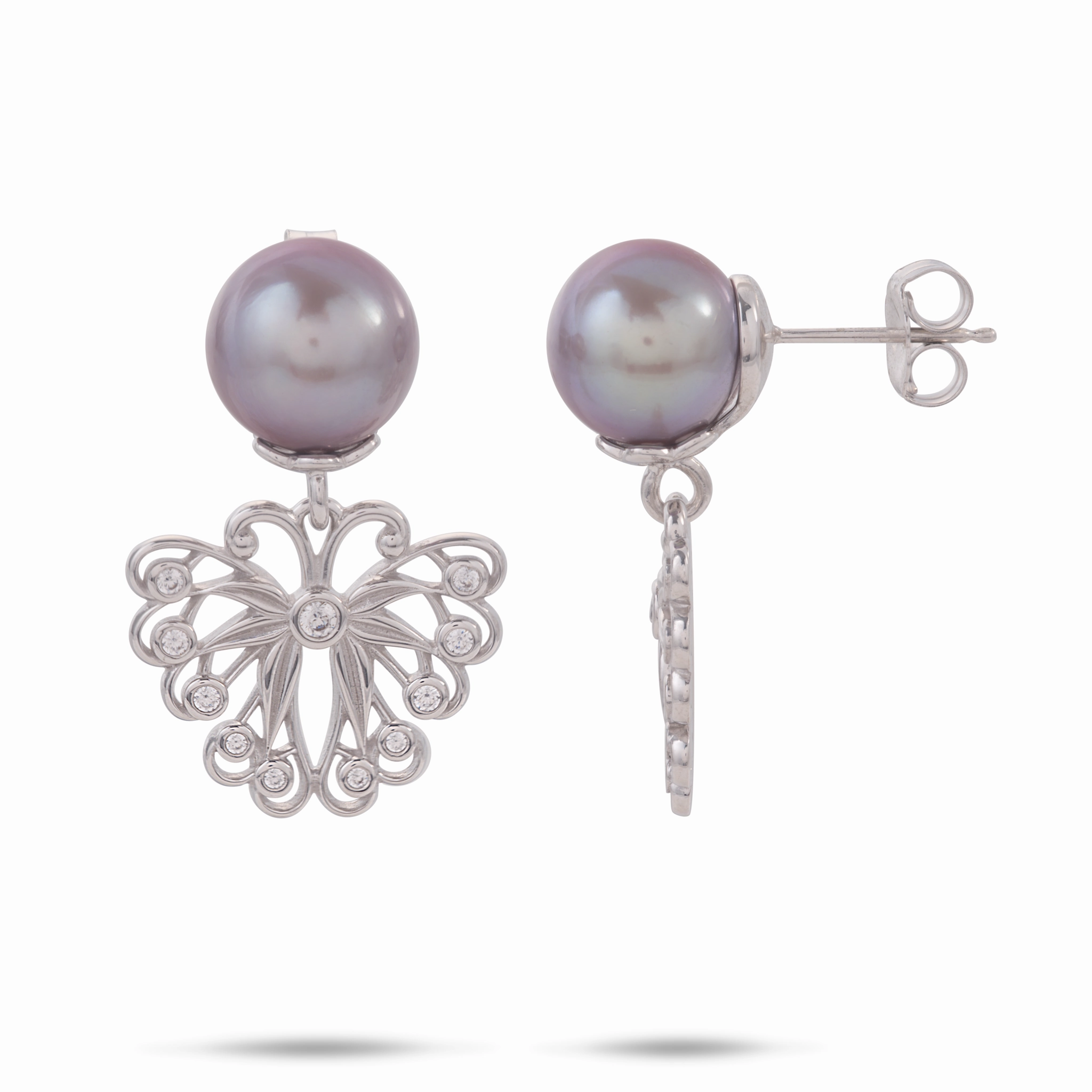 Pulelehua (Butterfly) Freshwater Pearl Earrings in Sterling Silver with Cubic Zirconia - 9-10mm Distinctive Craft Color Accent