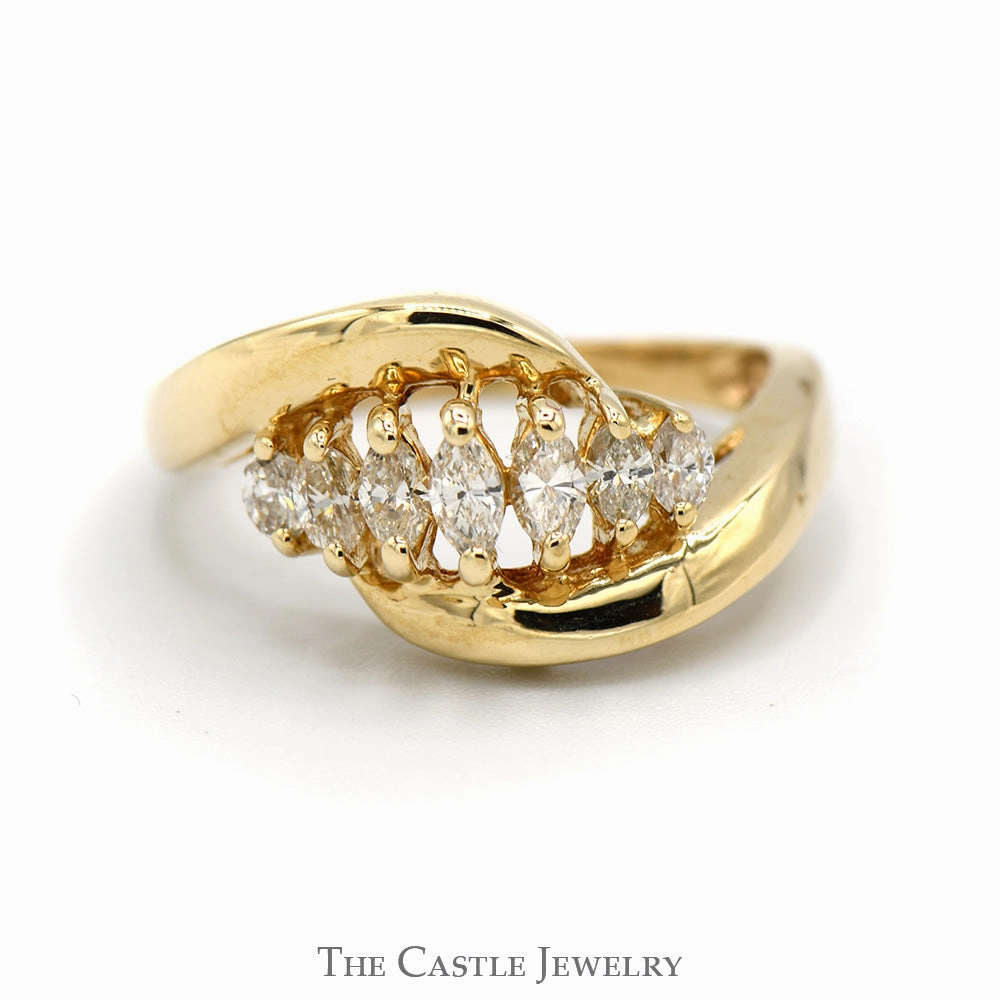 Elegant Work Ornate Emblem 1/2cttw 7 Marquise Diamond Cluster Band with Open Bypass Design in 14k Yellow Gold