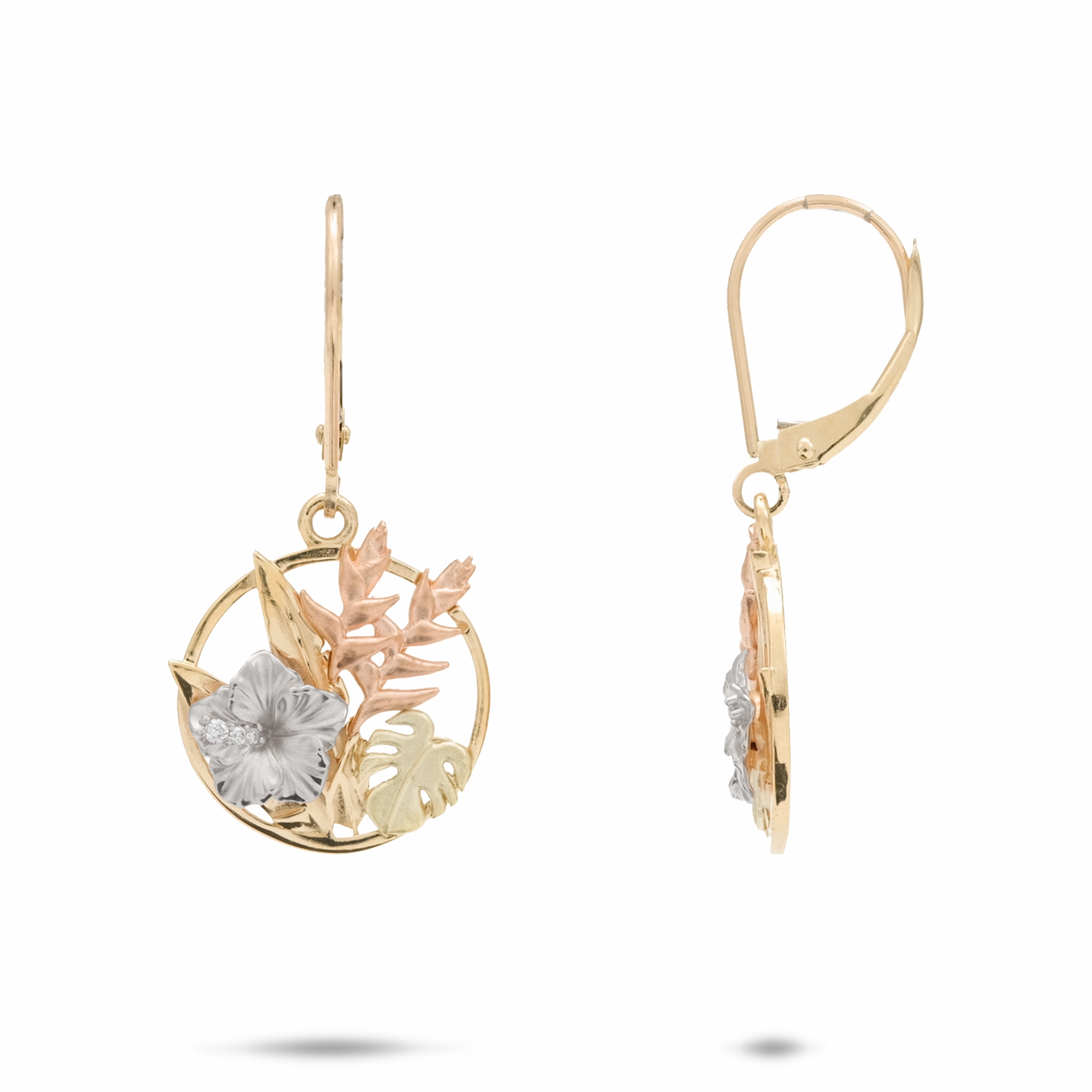 Hawaiian Gardens Hibiscus Earrings in Four Tone Gold with Diamonds - 15mm Timeless Sparkle Radiant Gems