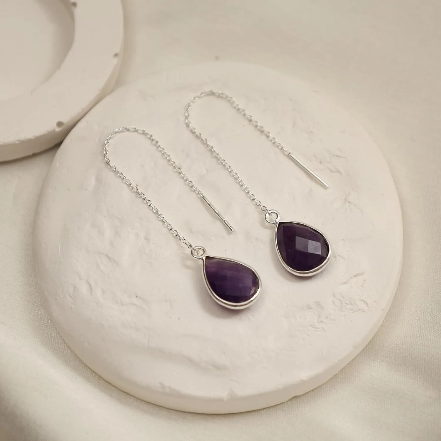 Purple Amethyst Crystal Earrings Febuary Birthstone Gemstone Jewelry 925 Sterling Silver Lightweight Pull Through Threader Earrings For Women