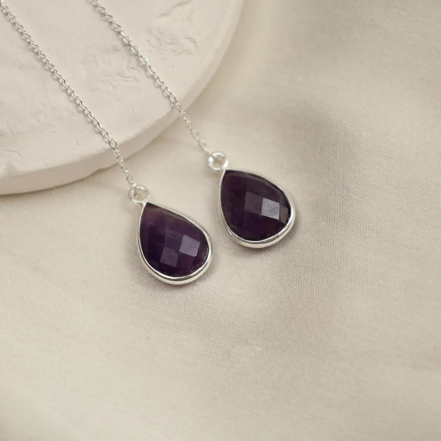 Purple Amethyst Crystal Earrings Febuary Birthstone Gemstone Jewelry 925 Sterling Silver Lightweight Pull Through Threader Earrings For Women
