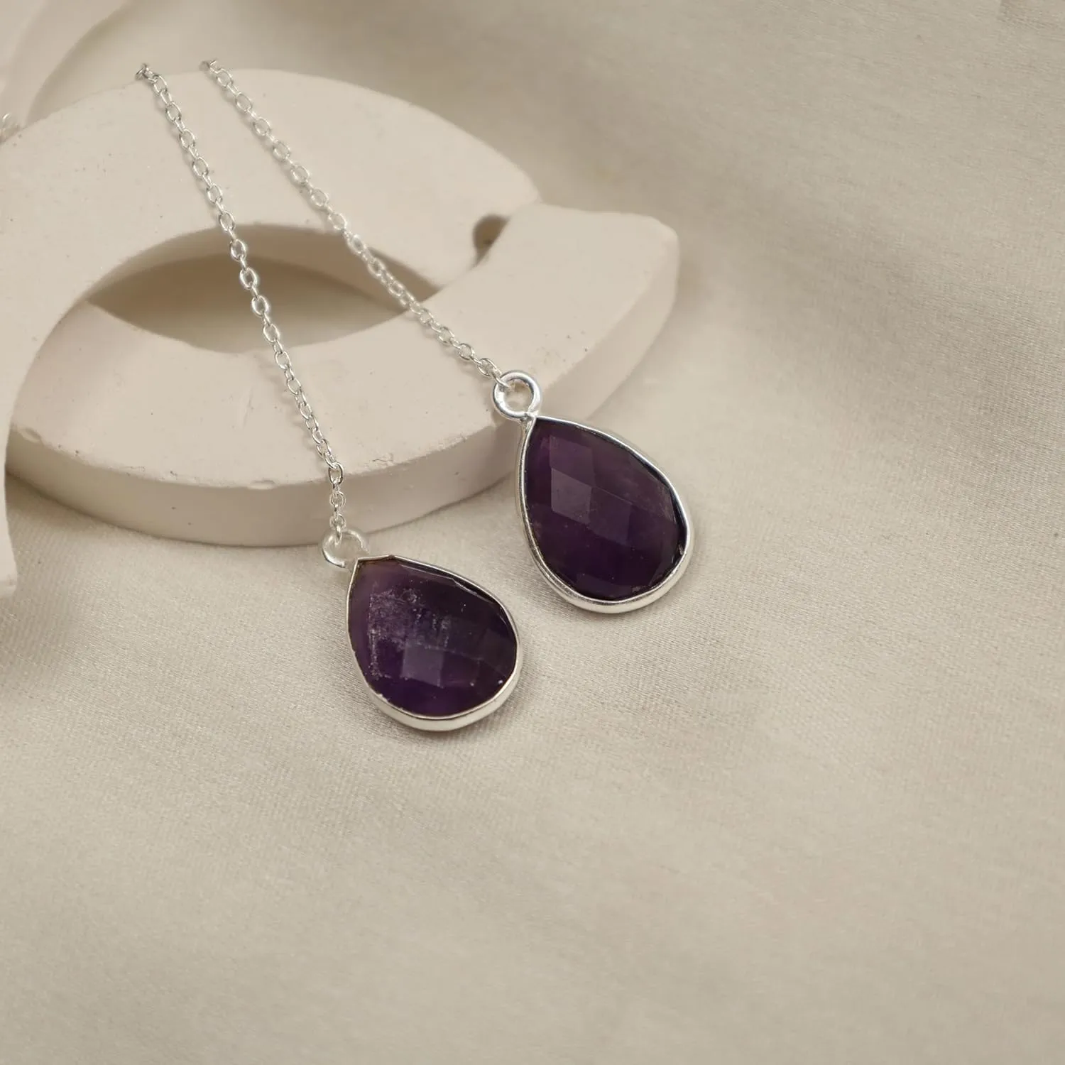 Purple Amethyst Crystal Earrings Febuary Birthstone Gemstone Jewelry 925 Sterling Silver Lightweight Pull Through Threader Earrings For Women