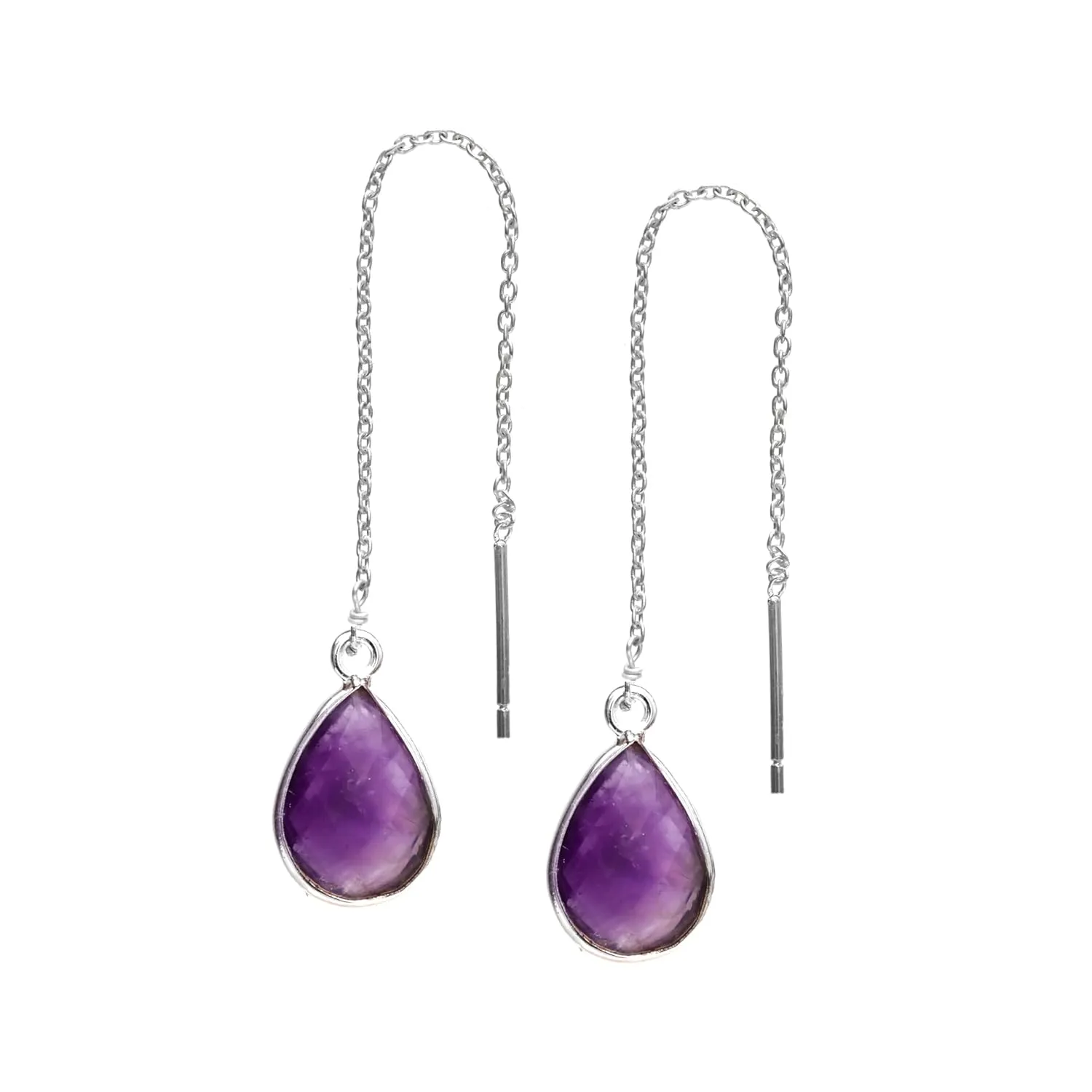 Purple Amethyst Crystal Earrings Febuary Birthstone Gemstone Jewelry 925 Sterling Silver Lightweight Pull Through Threader Earrings For Women