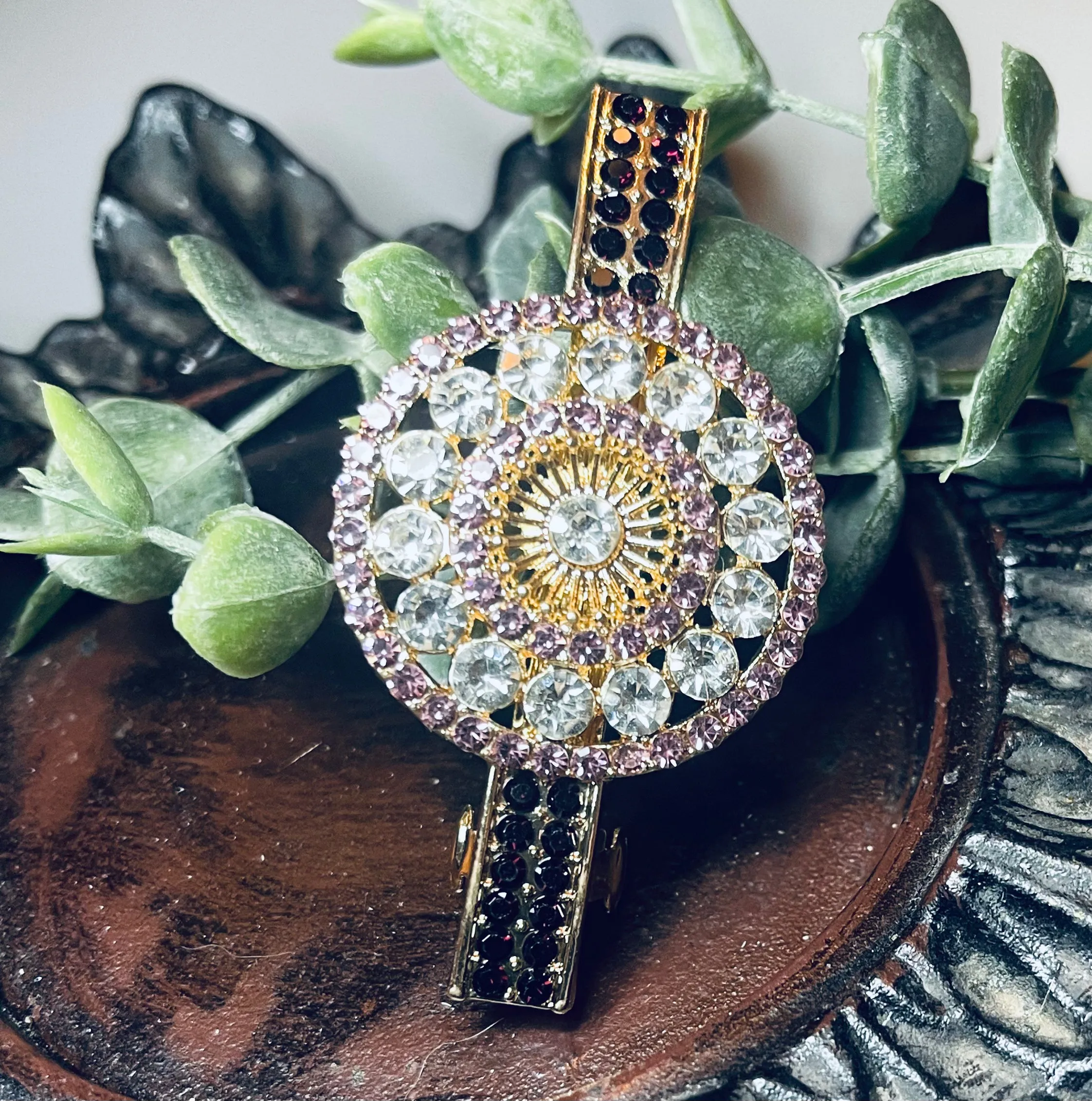 Purple pink round Crystal rhinestone barrette approximately 3.0” gold tone formal hair accessories gift wedding bridesmaid prom birthday mother of bride groom