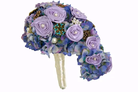 Purple Silk Ribbon Rose’s Teardrop Brooch Bouquet by Emerald Isle Bouquets