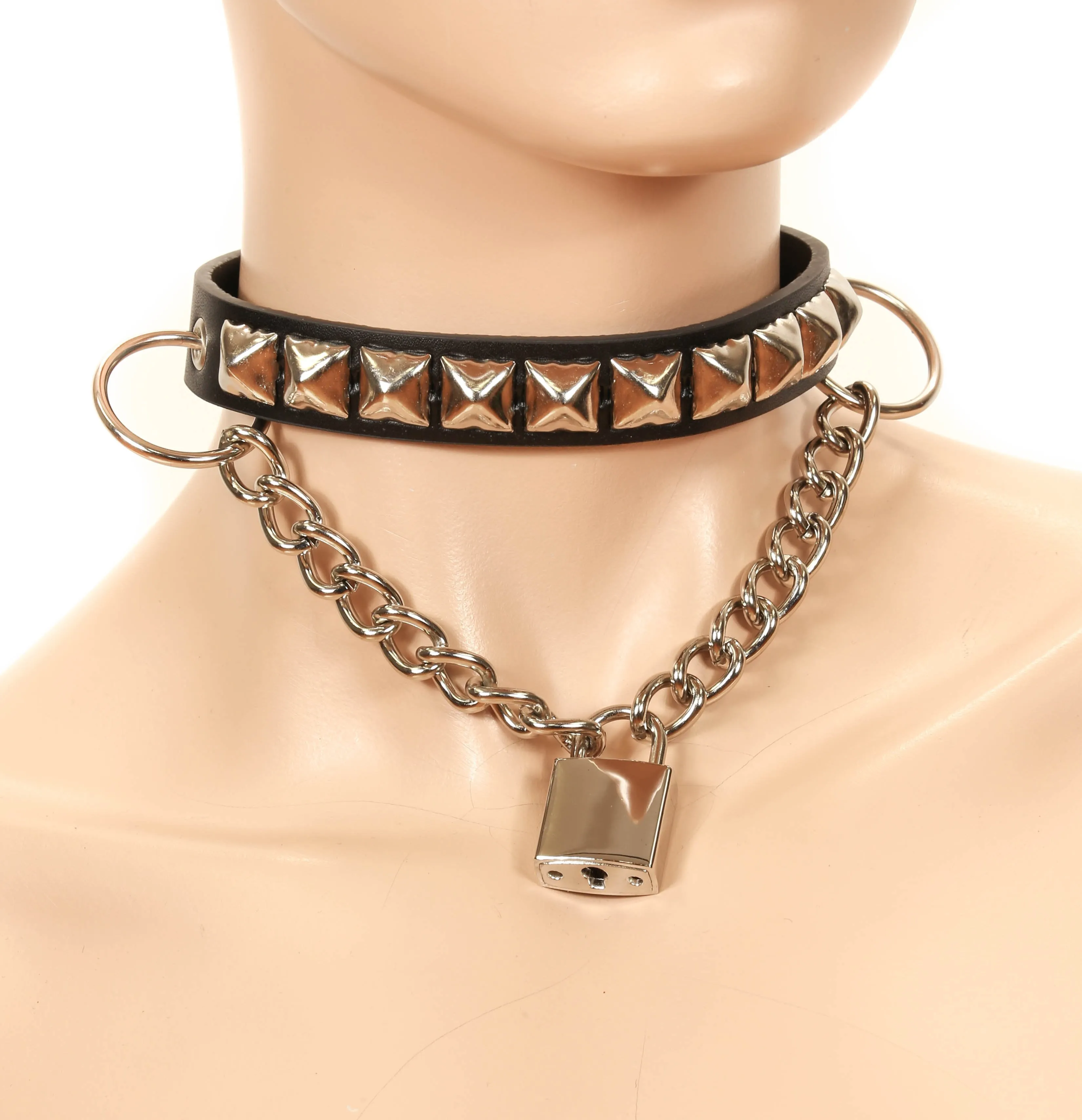 Pyramid Studded Hanging Square Lock Choker