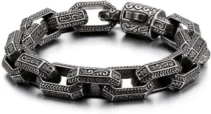 Qiaonitu Jewelry Punk Buddha Head Chain Link Bracelet Men Hiphop Vintage Stainless Steel Biker Bracelets Bangles Silver (Black)