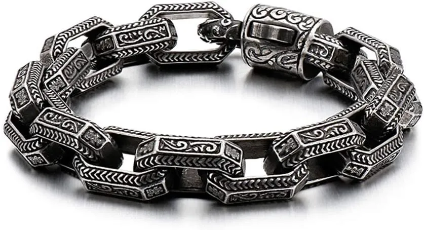 Qiaonitu Jewelry Punk Buddha Head Chain Link Bracelet Men Hiphop Vintage Stainless Steel Biker Bracelets Bangles Silver (Black)